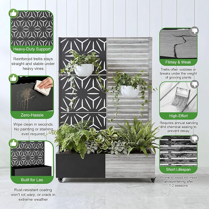 Casaphoria Metal Raised Garden Bed with Trellis and Wheels, 72"x47"x16" Planter Box for Climbing Plants, Vegetables & Vines, Features Drainage Holes and Privacy Screen (Black-Star)