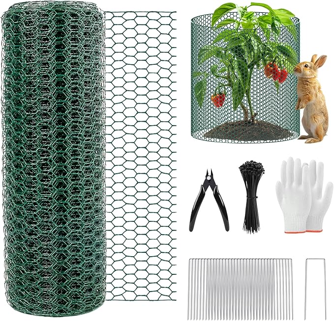 40Ft x 16In Plant Protectors from Animals, Plant Cages for Outdoor Plants, Free-Cut Wire Plant Protector, Plant Cover Chicken Wire Fencing with Ground Stakes & Ties to Keeping Bunny Animals Out