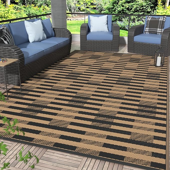 GENIMO Outdoor Rug for Patio Clearance, 6'x9' Reversible Plastic Straw Rugs, Lightweight Waterproof Geometric RV Camping Mat for Camper, Balcony, Deck, Backyard, Picnic, Black Brown
