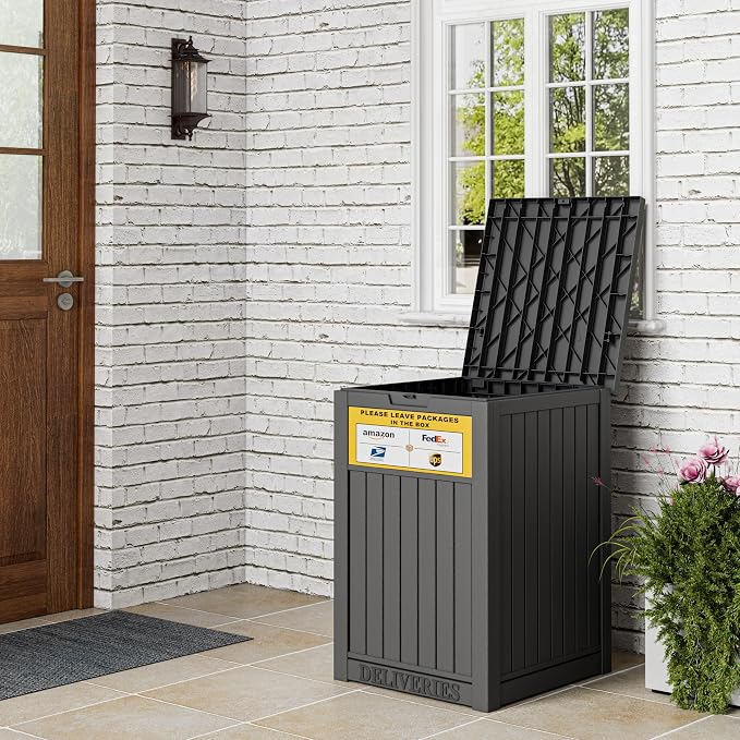 Outdoor Package Delivery Box with Lockable Secure and Sign, Resin Waterproof Outdoor Package Drop Container for Backyard, Garden, Patio & Lawn, Black with Sign