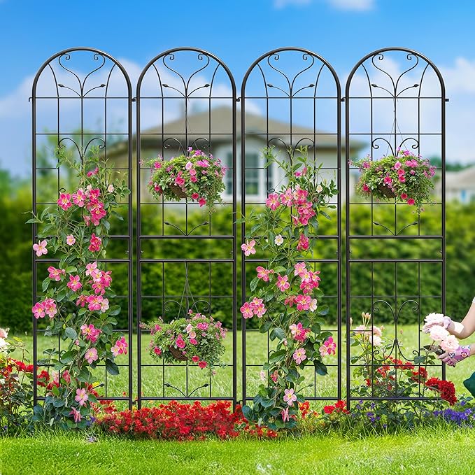 4 Pack 87x20in Garden Trellises, Ornate Scrollwork Black Metal Coated Rustproof Trellis for Climbing Plants Outdoor, Roses, Vegetables, Vines, Cucumbers