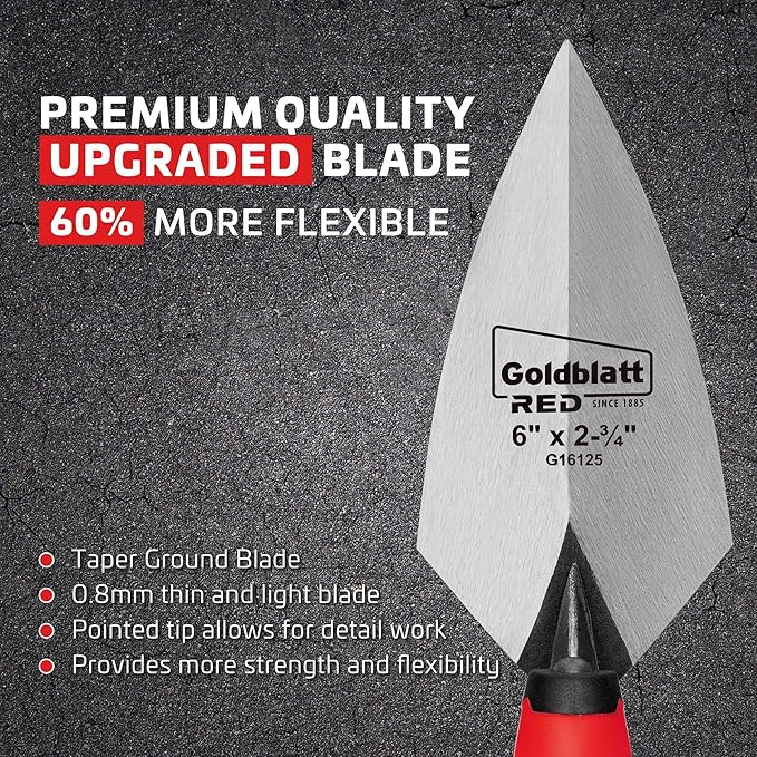 Goldblatt RED Pointing Trowel, 6" x 2-3/4" Upgraded Ground Blade, Professional Masonry Tools, Heavy Duty One-Piece Forging, Durable High Carbon Steel, Soft Handle, for Spreading Mortar, Repairing Gap