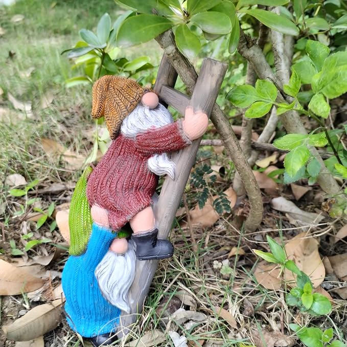 Garden Gnome Statue, Funny Climbing Ladder Gnomes Figurine Resin Sculpture Outdoor Decor for Patio Yard Lawn Porch Ornaments Gift