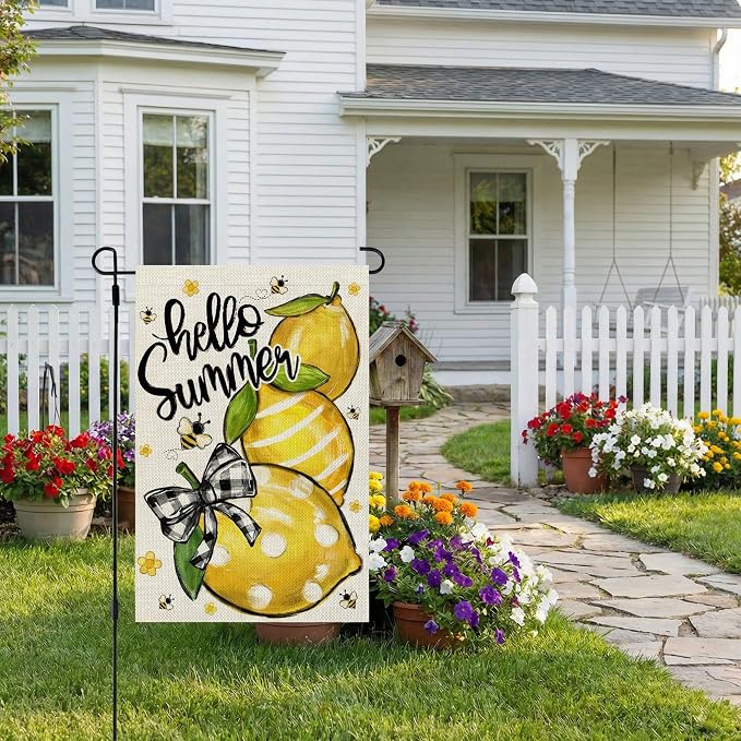 CROWNED BEAUTY Hello Summer Garden Flag Lemons 12x18 Inch Double Sided Small Yellow Floral Seasonal Holiday Decoration for Outside Yard
