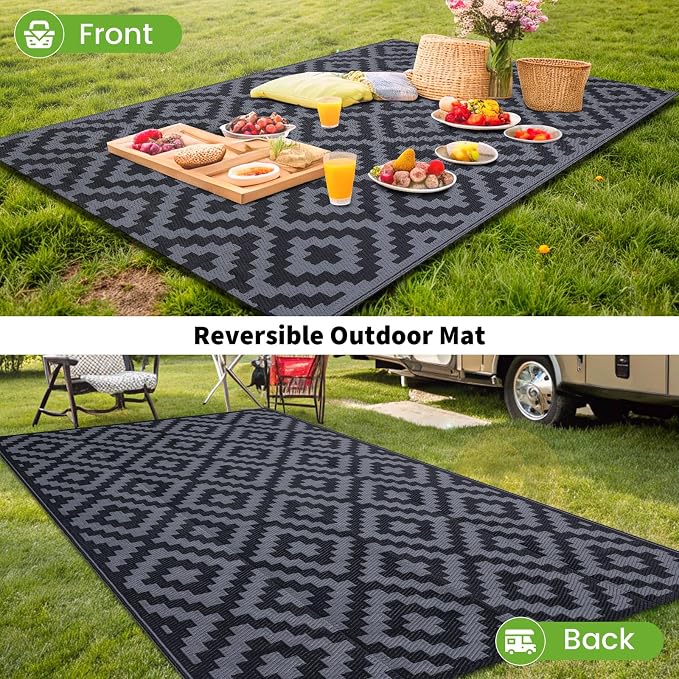 Smiry Waterproof Outdoor Rug 9X18 ft, Reversible Plastic Straw Patio Camping Rugs, Outdoor Indoor RV Mat Carpet for Patio, Outside Entry, Backyard, Deck, Bench, Picnic, Camper, Black & Grey