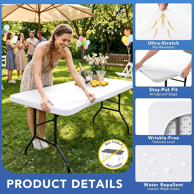 Fitted Tablecloth for 6 Foot Rectangle Tables-10 Pack White Elastic Outdoor Picnic Table Cover-Spandex Stretch Folding Table Cloths 6 ft for Camping Dining Room Patio Kitchen Banquet Party