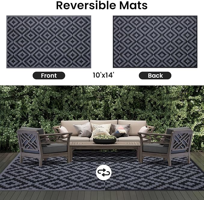 Smiry Waterproof Outdoor Rug 10X14 ft, Reversible Plastic Straw Patio Camping Rugs, Outdoor Indoor RV Mat Carpet for Patio, Outside Entry, Backyard, Deck, Bench, Picnic, Camper, Black & Grey