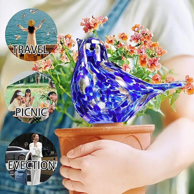 Plant Watering Globes, Bird Glass Self Watering Planter Insert - Glass Plant Water Globes for Daily Use, Planter Spikes to Support Indoor & Outdoor Plant Health, Dark Blue