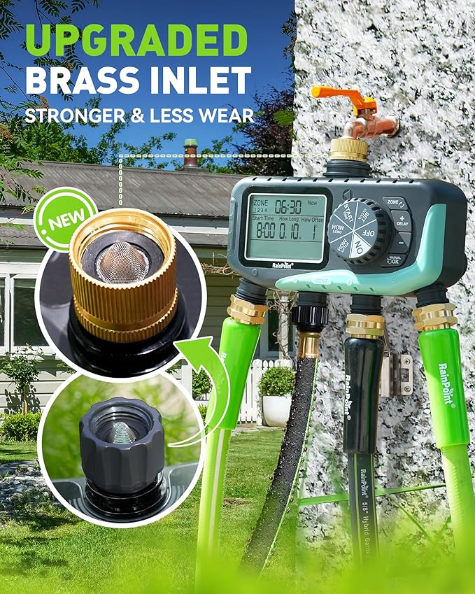 RAINPOINT 4-Zone Sprinkler Timer, 2027 New Version 4 Outlets Hose Water Timer, Automatic Irrigation Controller with Rain Delay & Manual Mode for Lawn & Garden Irrigation