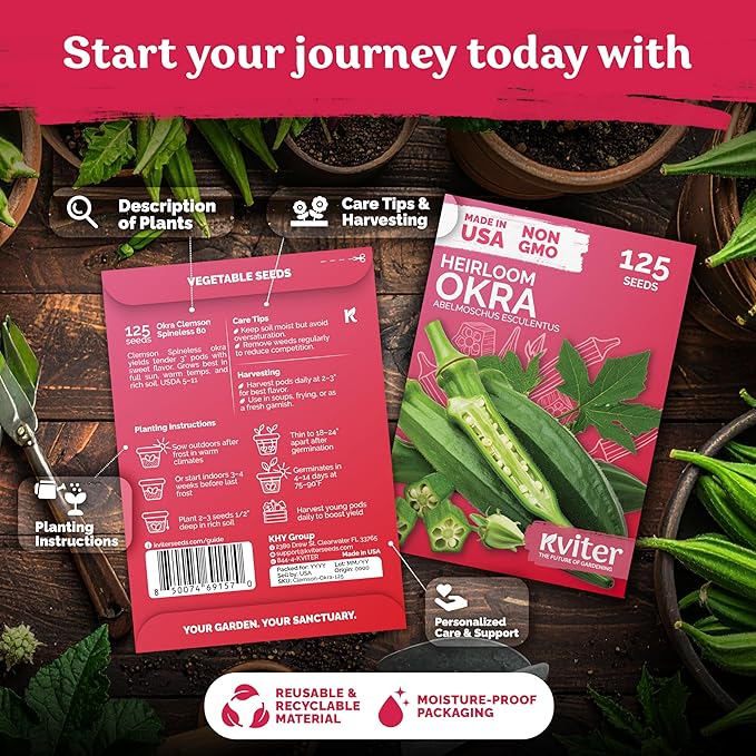 KVITER 125 Clemson Spineless 80 Okra Seeds for Planting (Abelmoschus esculentus) – Heirloom Okra, Spineless Pods, Heavy Yields – Vegetable Seeds to Plant in Outdoor Garden