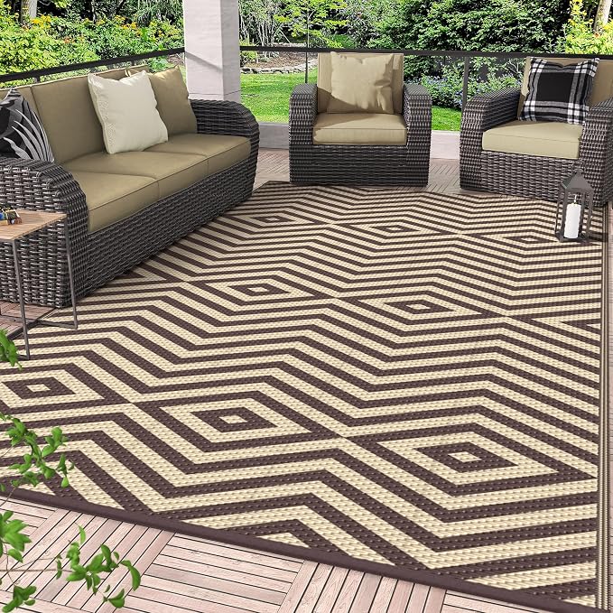 GENIMO Outdoor Rug for Patio Clearance, 6'x9' Reversible Plastic Straw Rugs, Lightweight Waterproof Modern RV Camping Mat for Camper, Balcony, Deck, Backyard, Picnic, Coffee Beige