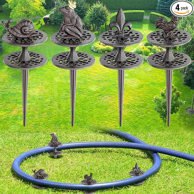Briwooody 4 Pcs Heavy Duty Garden Hose Guide Stakes, Metal Cast Iron Water Hose Guide Spike Garden Stakes Decorative for Outside Flower Beds Plant, 12~14 inches (Classic)