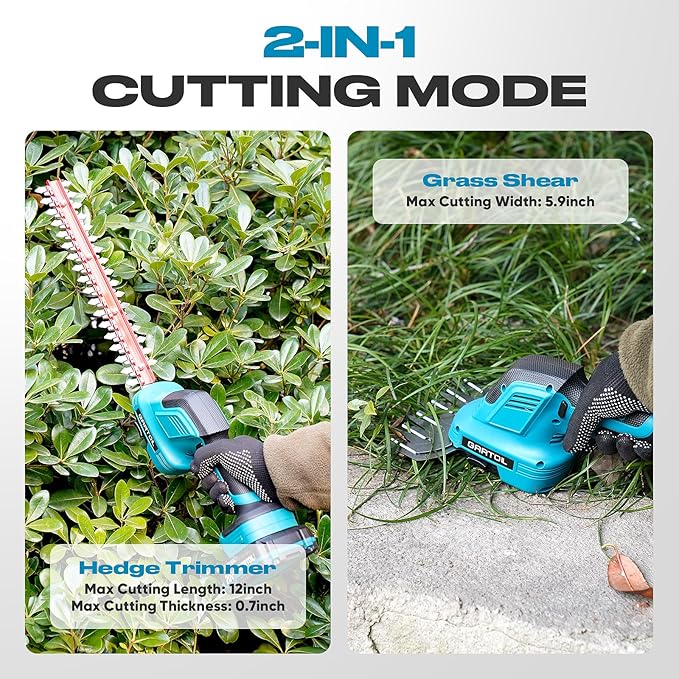 GARTOL 2-in-1 Cordless Hedge Trimmer & Grass Shears, Compatible with Makita 18V Battery, 20V Handheld Bush Trimmer with 12" & 6" Blades, Battery & Charger Included, Lightweight Bush Clipper for Yard