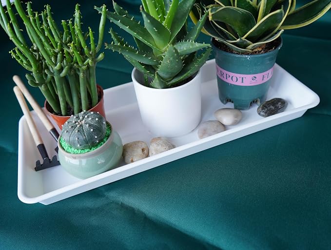VUWEZ 2 Pack Plastic Plant Saucer - Rectangular 30 inch, Indoors/Outdoors, Drip Tray for Flower Pot, Windowsill (8 X 30'', Cream White)
