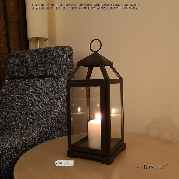 Hosley 14 Inch High Large Clear Glass Iron Classic Style Lantern Elegant Candle Holder for Home Decor Vintage-Inspired Centerpiece with Stylish Iron Frame Indoor/Outdoor Lighting Accent Timeless