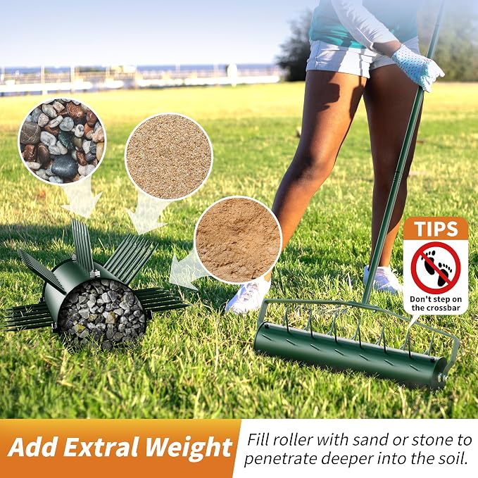 21” Lawn Aerator, Heavy-Duty Manual Lawn Aerator Tool with 50” Metal Handle for Lawn Care, Grass Aerator Lawn Aeration Machine for Garden, Yard, Cropland to Loose Soil