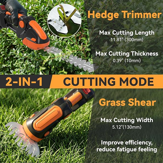 2 in 1 Cordless Hedge Grass Trimmer, 55W Electric Small Handheld Bush Trimmer with 2X 1.5Ah Batteries, Garden Shears with 2 Blades for Lawn & Shrub Pruning