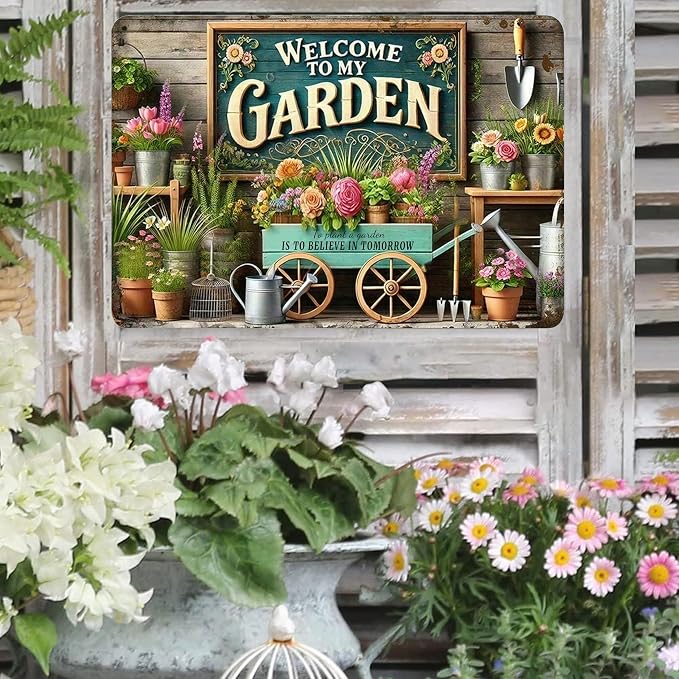 Gardening Gifts Welcome to My Garden Tin Sign-Funny Garden Signs for Plant Lovers,Perfect Gifts for Plant Mothers Grandmas and Housewarming 8x12in