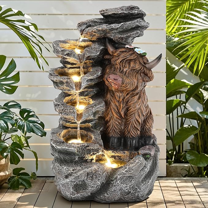 19" Highland Cow Outdoor Fountain, 5-Tier Charming Water Feature with LED Lights, Pastoral Resin Soothing Cascading Waterfall for Patio, Backyard, Garden or Porch