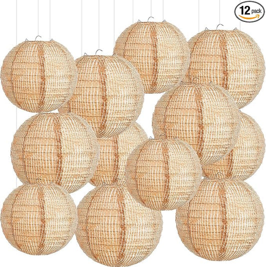 Hortsun 12 Pcs Print Burlap Paper Lanterns Round Chinese Paper Lanterns Farmhouse Boho Classroom Home Decor Classroom Sweet Birthday Party Ceremonial Event (8/10 Inch)