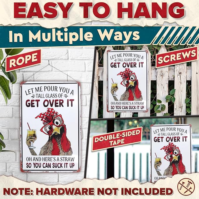 Let Me Pour You a Tall Glass of Get Over It Tin Sign 8x12" – Metal Signs for Outside – Rustic Tin Farmhouse Wall Art & Vintage Funny Kitchen Signs for Kitchen, Barn, or Yard | Chicken Coop Accessories