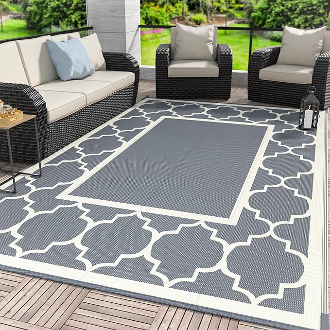 GENIMO 8 ' x 10 ' Outdoor Rug for Patio, Waterproof Indoor Outdoor Plastic Straw Rugs Carpet, Reversible Outside Area Mat for Camping, Balcony Porch, Deck, Picnic, Beach Grey & Beige White