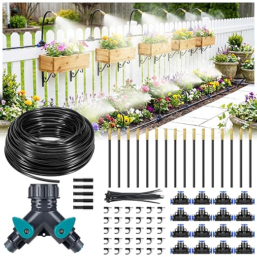 HIRALIY 100FT Garden Watering System with 16 360° Adjustable Copper Mist Nozzles, Quick-Connect Drip Irrigation Kit for Raised Beds, Patio Pots and Greenhouses