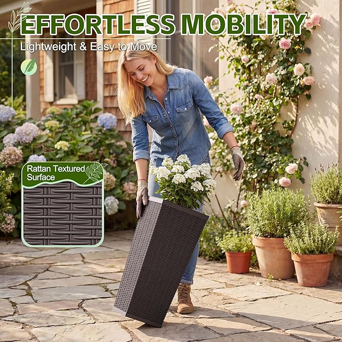 Devoko Resin Tall Planters for Outdoor Plants Set of 2, Large Taper Outdoor Planter Pots with 4 Drainage Holes, Flower Pots Modern Decor for Porch, Patio, Backyard, Home Garden (Brown, 24'')
