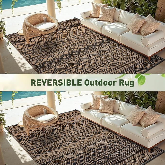MontVoo Outdoor Rug Carpet Waterproof 9x12 Outdoor Patio Rug Mat Reverisble Plastic Straw Outdoor Rug for RV Camping Picnic Beach Balcony Boho Black Brown Large