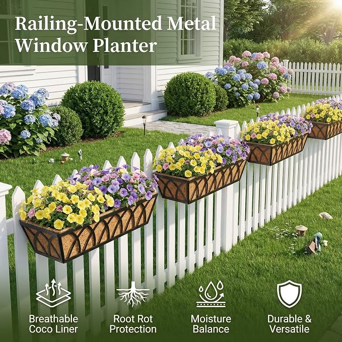 24 Inch Railing Planter Box with Coco Liner, Adjustable Metal Window Box, Hanging Flower Planter Outdoor, for Balcony Deck Fence Garden, Black, Set of 6