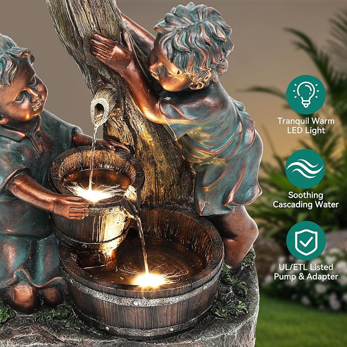 31" H Boy & Girl Outdoor Water Fountain with LED Lights, Faux Bronze Resin Statue Fountain, Wood Barrel & Pagoda Design, 3-Tier Cascading Waterfall for Serene Patio, Yard and Porch