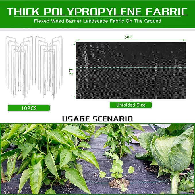 2FT x 50FT Weed Barrier Landscape Fabric Heavy Duty, 3.2oz Premium Gardening Weed Control Mat with 10 U-Shaped Securing Pegs, Ground Cover for Garden Beds, Farming, Underlayment, Commercial Driveway
