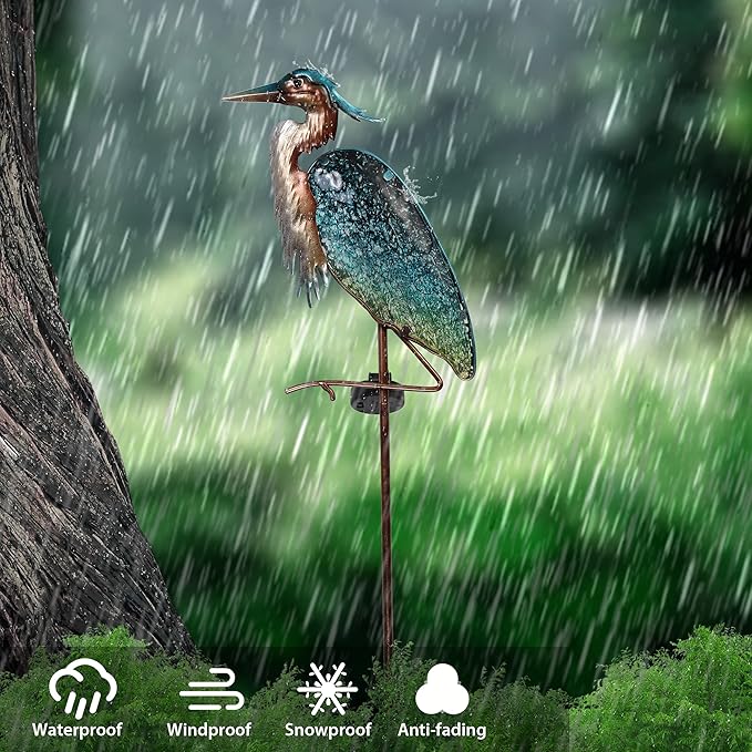 TERESA'S COLLECTIONS Blue Heron Garden Decor for Outside, Glass Solar Lighted Lawn Ornament for Yard Art, Weatherproof Decorative Stake for Patio Outdoor, 39 Inch