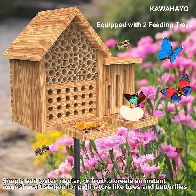 Mason Bee House Wooden Butterfly House with Feeders and Metal Stake, Insect Hotel for Garden Backyard, Natural Handmade Waterproof Bugs House, Attracts Bee, Butterfly, Ladybirds Pollinators