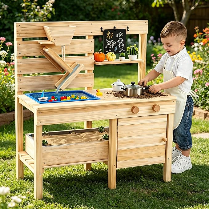 Costzon Mud Kitchen for Kids, Outdoor Play Kitchen w/Detachable Sandbox, Stoves, Sink, Chalkboard, Sand Funnel & Storage Shelf, Wooden Mud Table, Backyard Garden Toy Gift for Boys Girls Aged 3-8
