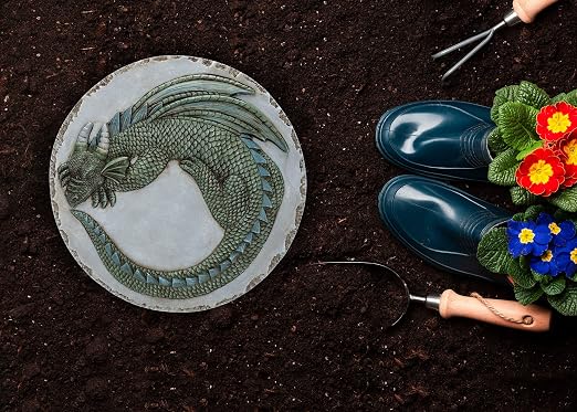 NAT & Jules Animal Character Dimensional Indoor Outdoor 12 inch Round Cast Resin Decorative Garden Stepping Stone, Patio, Walkway Sculpture Yard Art, Green Dragon