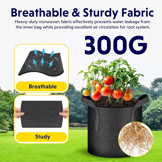 Simple Deluxe 5 Pack 10 Gallon Grow Bags, 300G Vegetable/Flower/Plant Fabric Pots with Handles, Heavy Duty Thickened Nonwoven Planting Bag with 5 Pcs Plant Labels