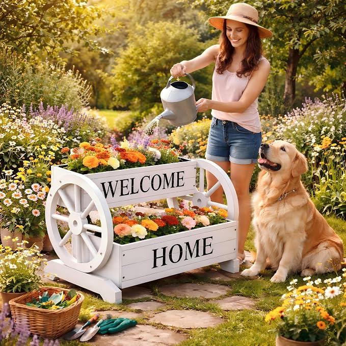 2-Tier Wooden Wagon Planter Box, Extra Large Decorative Flower Cart with Wheels, Washed White Rustic Wood Planter with Drainage Holes & Non-Woven Liner, Raised Bed for Flowers Herbs Vegetables