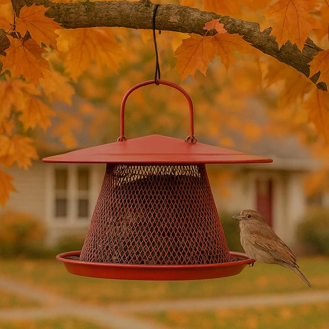 Perky-Pet Red Cardinal Wild Bird Feeder - 2.5 lb Seed Capacity, Holds Up to 15 Birds Simultaneously, Metal Hanging Feeder for Outdoors, Collapsible Mesh Design, Built-In Hook & Circular Tray, C00322