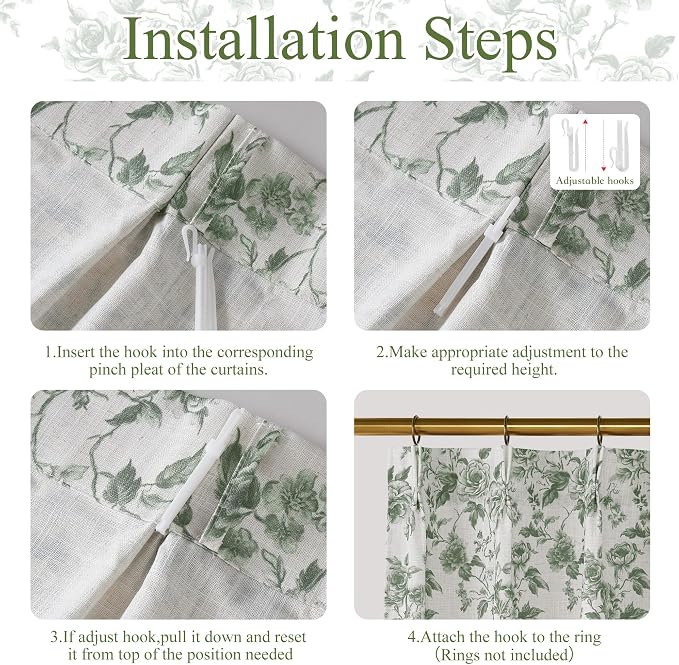 StangH Sage Green Kitchen Curtains 36 Inches, Shabby Chic Peony Floral Pinch Pleated Cafe Drapes, Light Filtering Small Window Tiers for Cottagecore Home Decor, W26xL36, 2 Panels