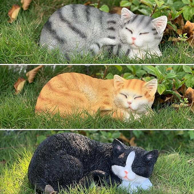 Cat Statue Outdoor Cat Figurines Garden Decor, Tuxedo Cats Black Tabby Statue Figurine Decor Sculpture for Patio, Yard, Sleeping Tabby Statues for Indoor Table Accessory, Gift for Mom