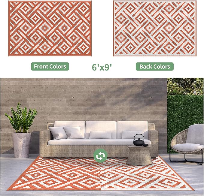 GENIMO Outdoor Rug for Patio, 6'x9' Fall Reversible Plastic Straw Rugs, Waterproof Halloween RV Camping Mat Lightweight Carpet for Camper, Balcony, Deck, Backyard, Picnic, White Orange