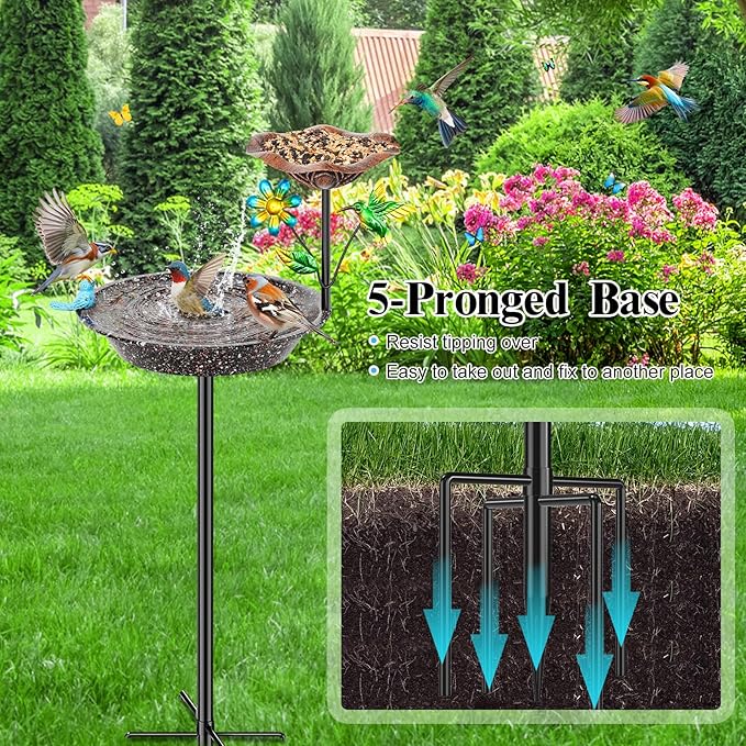 Metal Bird Bath for Outside, Birdbath Bowl Standing Bird Feeders for Outdoors with 5 Prongs Base Stake, Freestanding Birdfeeders for Garden Yard Lawn Decor (Brown 2-in-1 Bird)
