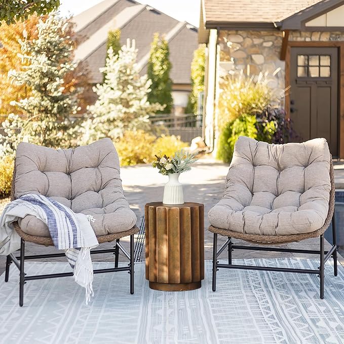 LuxenHome 18" Fiber Stone Outdoor Side Table, Bronze Finish Garden End Table, Round Porch Poolside Seating, Indoor Outdoor Use