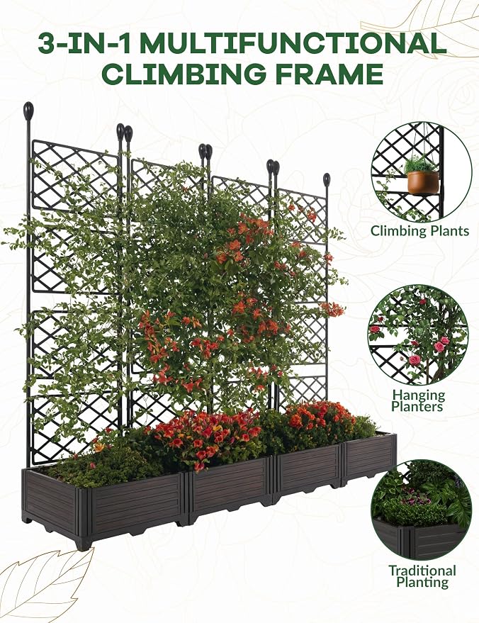 4 PCS Raised Garden Bed with Trellis & Privacy Screen, 66" Wide x 63" Tall Vertical Garden Planter Box for Climbing Plants, Large Outdoor Privacy Screen for Patio, Balcony, Yard, Garden Black
