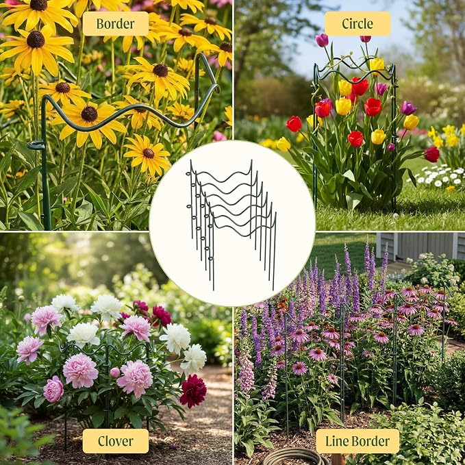 6 Pack Plant Support Stakes, Wavy Metal Garden Plant Stake, Peony Cages and Supports, 10"(W) x 16" (H) Flower Support Ring for Peonies, Hydrangea