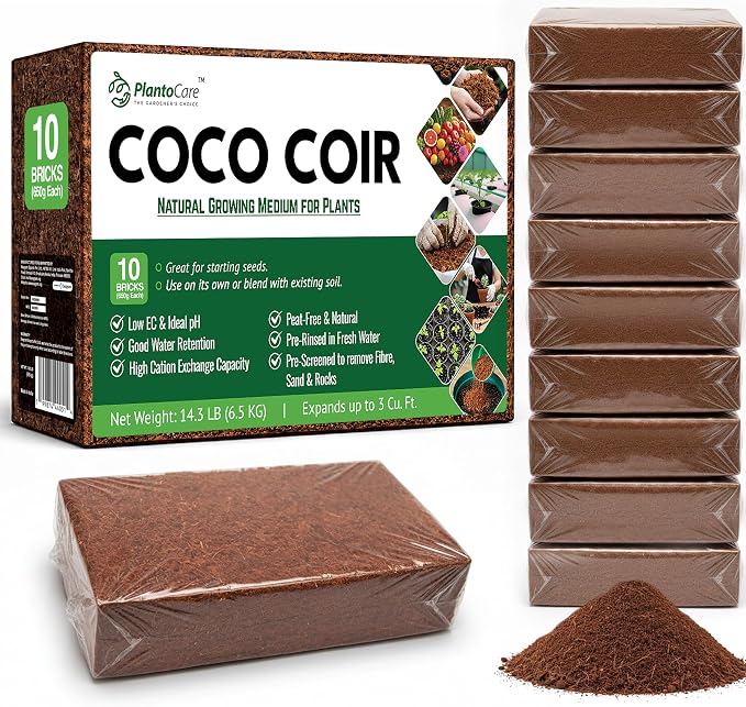 Premium Coco Coir by PlantoCare – Professional Grade Coconut Coir Growing Medium, pH Neutral & Low EC – Ideal for Seed Starters, Potting Mix, Hydroponics & Houseplants [10 Bricks of 650 Grams Each]