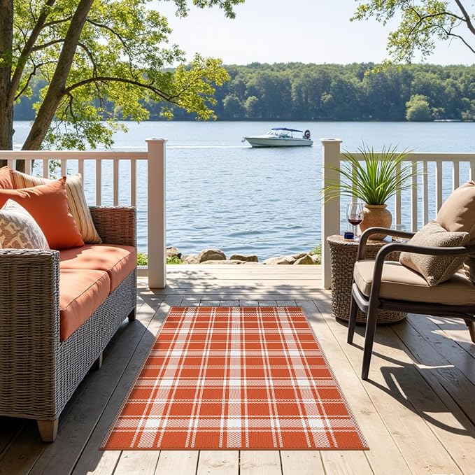 GENIMO Waterproof Outdoor Rug for Patio Clearance, 3'x5' Reversible Plastic Straw Rugs, Lightweight RV Camping Mat for Camper, Balcony, Deck, Backyard, Picnic, Orange White Plaid