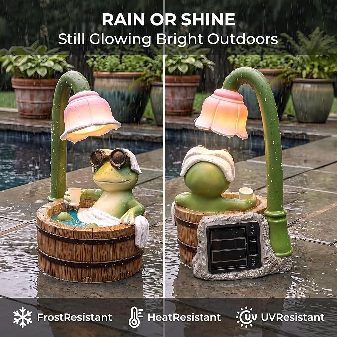 MXwcy Solar Frog Garden Statue with Lights, 6.3" Resin Frog Figurine Solar Garden Decor Outdoor Waterproof Lawn Ornament for Patio Yard, Cute Frog Gifts for Women Mom Grandma