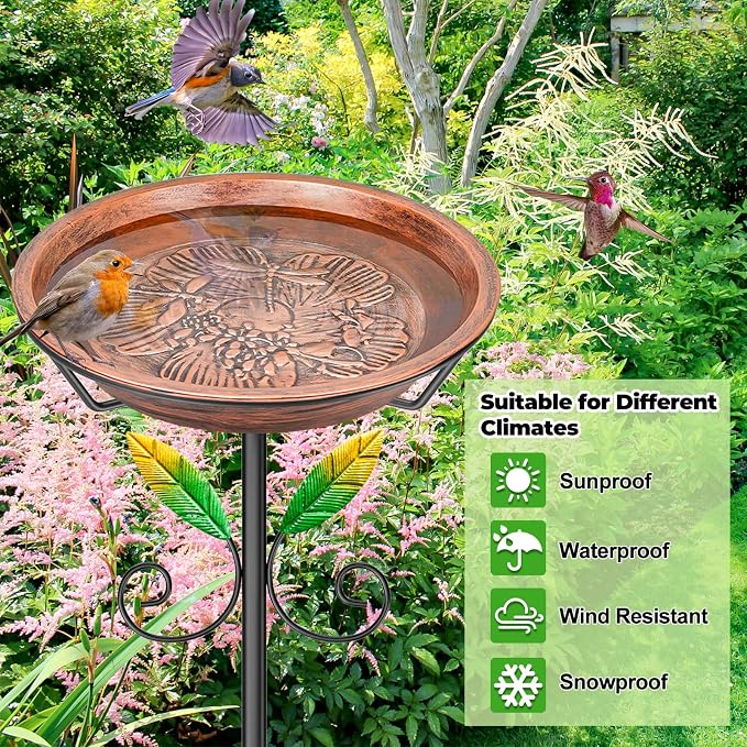 Freestanding Birdbaths Bowl Outdoor, Free Standing Garden Bird Bath Bird Feeder & Bird Bath Bowl, Detachable Decoration Spa Birdfeeder for Garden Patio Yard Lawn (Vintage Brown)